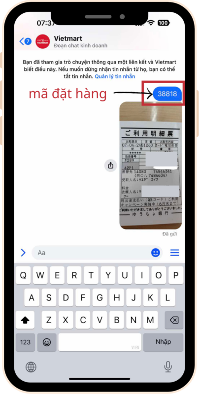 Sau khi ấn chọn "Xác nhận qua fanpage", bạn gửi tin nhắn "mã đơn hàng" cho Vietmart và gửi kèm hóa đơn chuyển khoản (nếu bạn chọn hình thức thanh toán chuyển khoản)