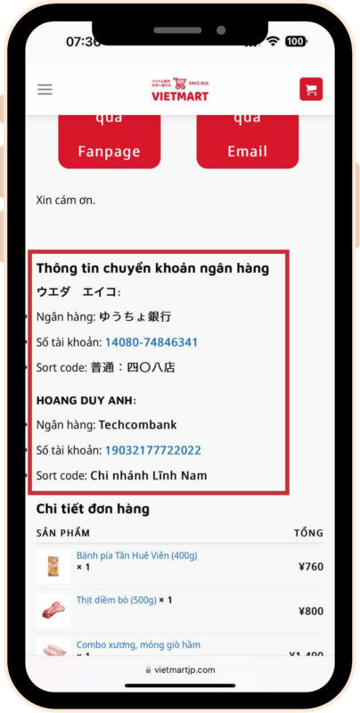 Hệ thống tự chuyển đến thông tin chuyển khoản ngân hàng, bạn có thể chọn chuyển qua ngân hàng Yucho (Nhật Bản) hoặc Techcombank (Việt Nam)